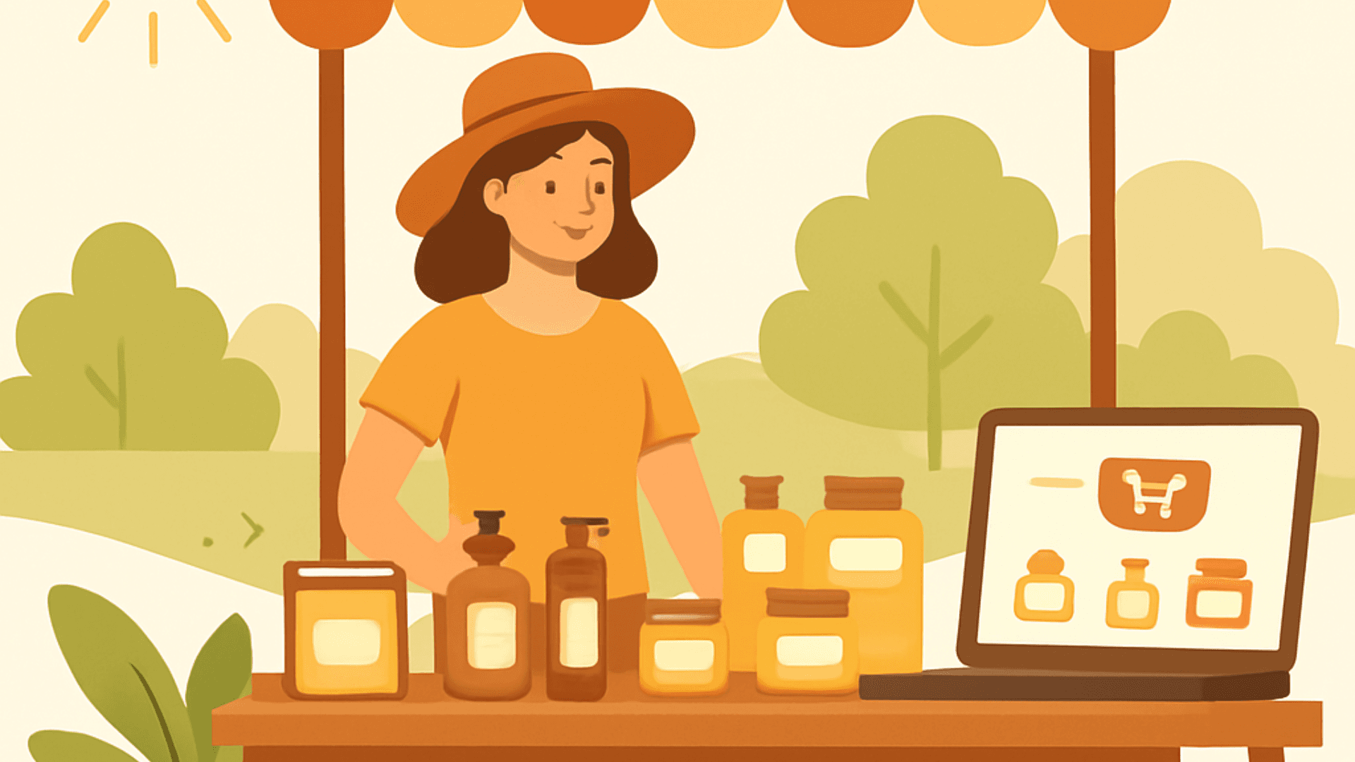 Illustration of a maker selling handmade products at a farmers market booth with an online store on a laptop